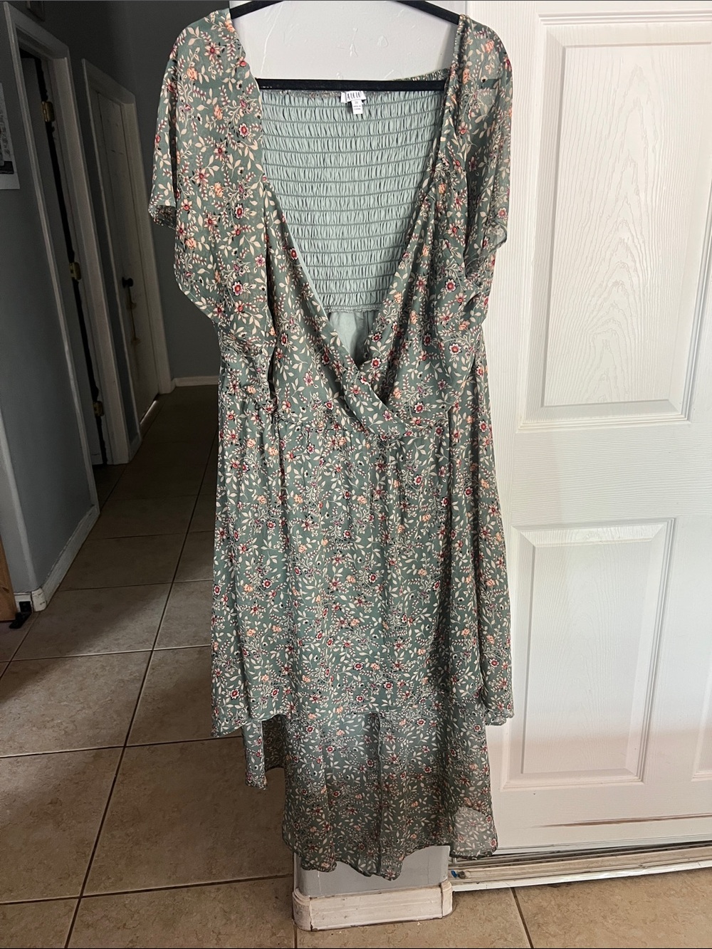AUW Sage Floral High-Low Wrap Dress with Smocked Back